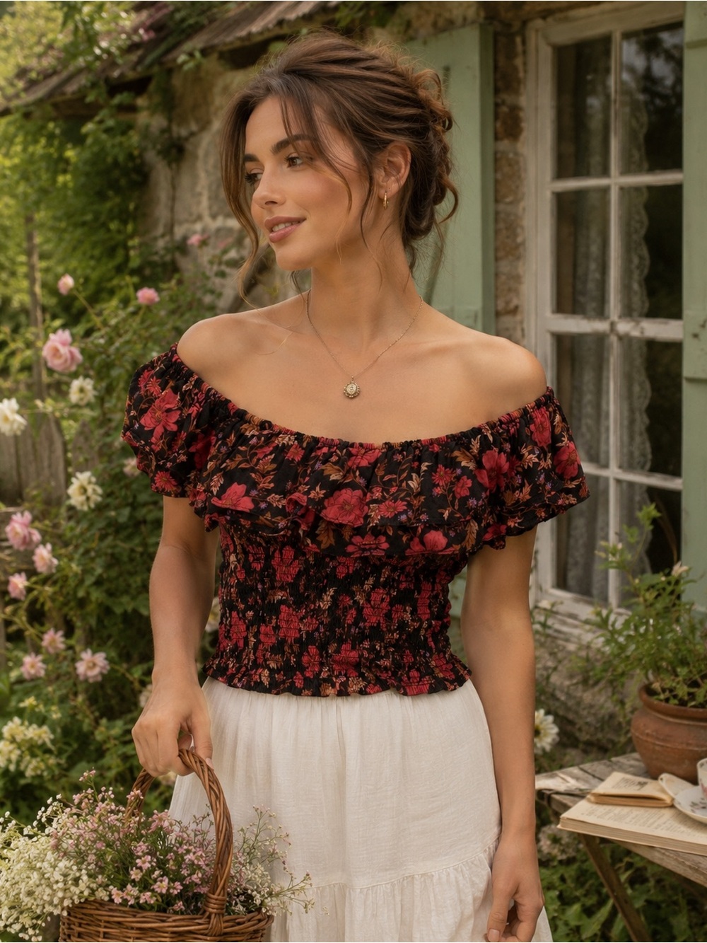 Haute Project Floral Smocked Ruffle Cottagecore Whimsigoth Crop Top Size M